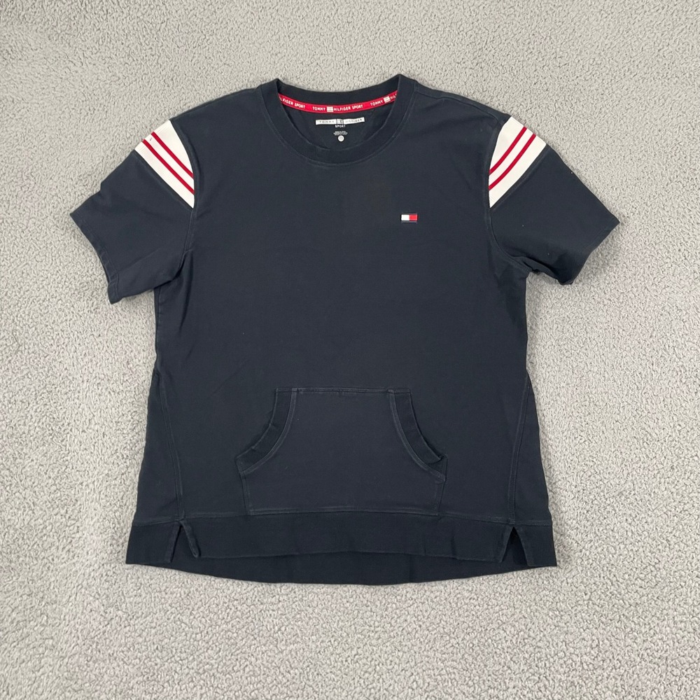 Tommy Hilfiger Sport Short Sleeve Sweatshirt Women XL Black Kangaroo Pocket